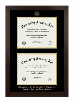 University of North Carolina at Greensboro College of Health and Human Sciences Double Degree (Stacked) Frame in Manhattan Espresso with Black & Gold Mats for document: 8 1/2"h x 11"w  , document: 8 1/2"h x 11"w  