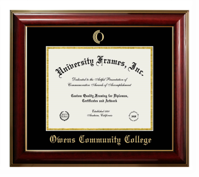 Owens Community College Diploma Frame in Classic Mahogany with Gold Trim with Black & Gold Mats for document: 8 1/2"h x 11"w  