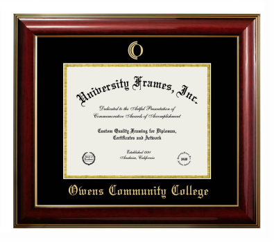 Owens Community College Diploma Frame in Classic Mahogany with Gold Trim with Black & Gold Mats for DOCUMENT: 8 1/2"H X 11"W  