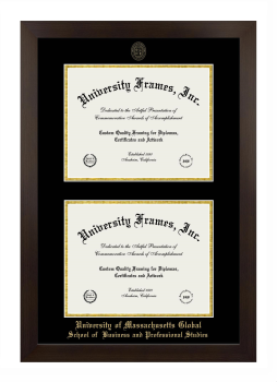 University of Massachusetts Global School of  Business and Professional Studies Double Degree (Stacked) Frame in Manhattan Espresso with Black & Gold Mats for document: 8 1/2"h x 11"w  , document: 8 1/2"h x 11"w  