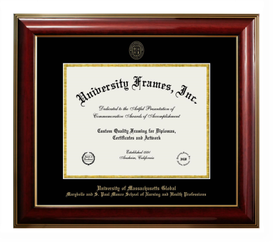 University of Massachusetts Global Marybelle and S. Paul Musco School of Nursing and Health Professions Diploma Frame in Classic Mahogany with Gold Trim with Black & Gold Mats for document: 8 1/2"h x 11"w  