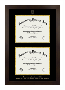 University of Massachusetts Global Marybelle and S. Paul Musco School of Nursing and Health Professions Double Degree (Stacked) Frame in Manhattan Espresso with Black & Gold Mats for document: 8 1/2"h x 11"w  , document: 8 1/2"h x 11"w  