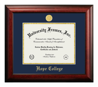 Diploma Frame in Satin Mahogany with Navy Blue & Gold Mats for DOCUMENT: 8 1/2"H X 11"W  