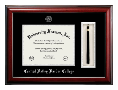 Central Valley Barber College Diploma with Tassel Box Frame in Classic Mahogany with Silver Trim with Black & Silver Mats for DOCUMENT: 8 1/2"H X 11"W  