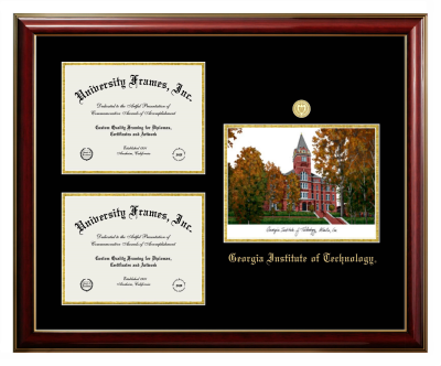 Georgia Institute of Technology Triple Opening with Campus Image Frame in Classic Mahogany with Gold Trim with Black & Gold Mats for DOCUMENT: 8 1/2"H X 11"W  , DOCUMENT: 8 1/2"H X 11"W  
