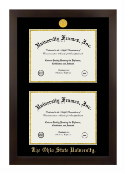 Ohio State University Double Degree (Stacked) Frame in Manhattan Espresso with Black & Gold Mats for DOCUMENT: 8 1/2"H X 11"W  , DOCUMENT: 8 1/2"H X 11"W  