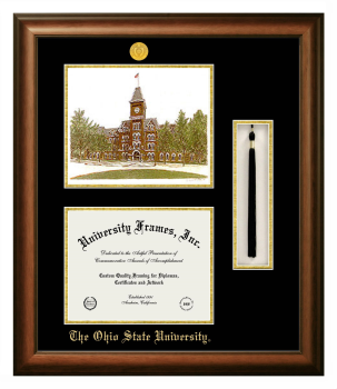 Ohio State University Double Opening with Campus Image & Tassel Box (Stacked) Frame in Satin Walnut with Black & Gold Mats for DOCUMENT: 8 1/2"H X 11"W  