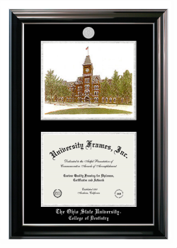 Ohio State University College of Dentistry Double Opening with Campus Image (Stacked) Frame in Classic Ebony with Silver Trim with Black & Silver Mats for document: 8 1/2"h x 11"w  