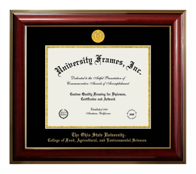 Ohio State University College of Food, Agricultural and Environmental Sciences Diploma Frame in Classic Mahogany with Gold Trim with Black & Gold Mats for DOCUMENT: 8 1/2"H X 11"W  
