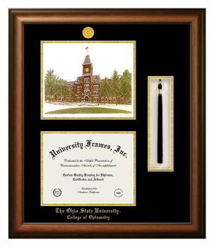 Ohio State University College of Optometry Double Opening with Campus Image & Tassel Box (Stacked) Frame in Satin Walnut with Black & Gold Mats for document: 8 1/2"h x 11"w  