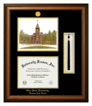 Ohio State University Summa Cum Laude Double Opening with Campus Image & Tassel Box (Stacked) Frame in Satin Walnut with Black & Gold Mats for document: 8 1/2"h x 11"w  