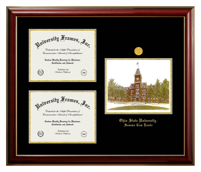 Ohio State University Summa Cum Laude Triple Opening with Campus Image Frame in Classic Mahogany with Gold Trim with Black & Gold Mats for document: 8 1/2"h x 11"w  , document: 8 1/2"h x 11"w  