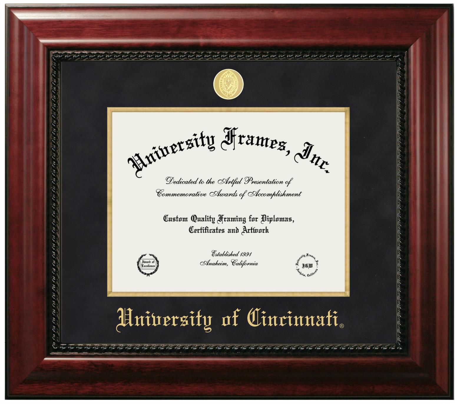 University of Cincinnati Diploma Frame in Executive with Gold Fillet with Black Suede Mat