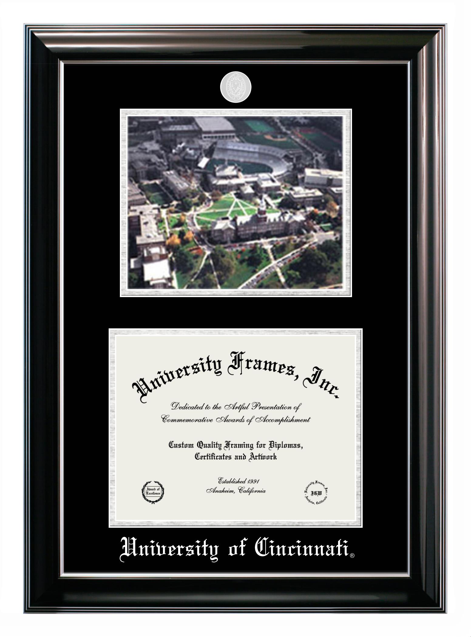 University Of Cincinnati Double Opening With Campus Image (Stacked) Frame In Classic Ebony With Silver Trim With Black & Silver Mats