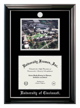 University of Cincinnati Double Opening with Campus Image (Stacked) Frame in Classic Ebony with Silver Trim with Black & Silver Mats for DOCUMENT: 8 1/2"H X 11"W  