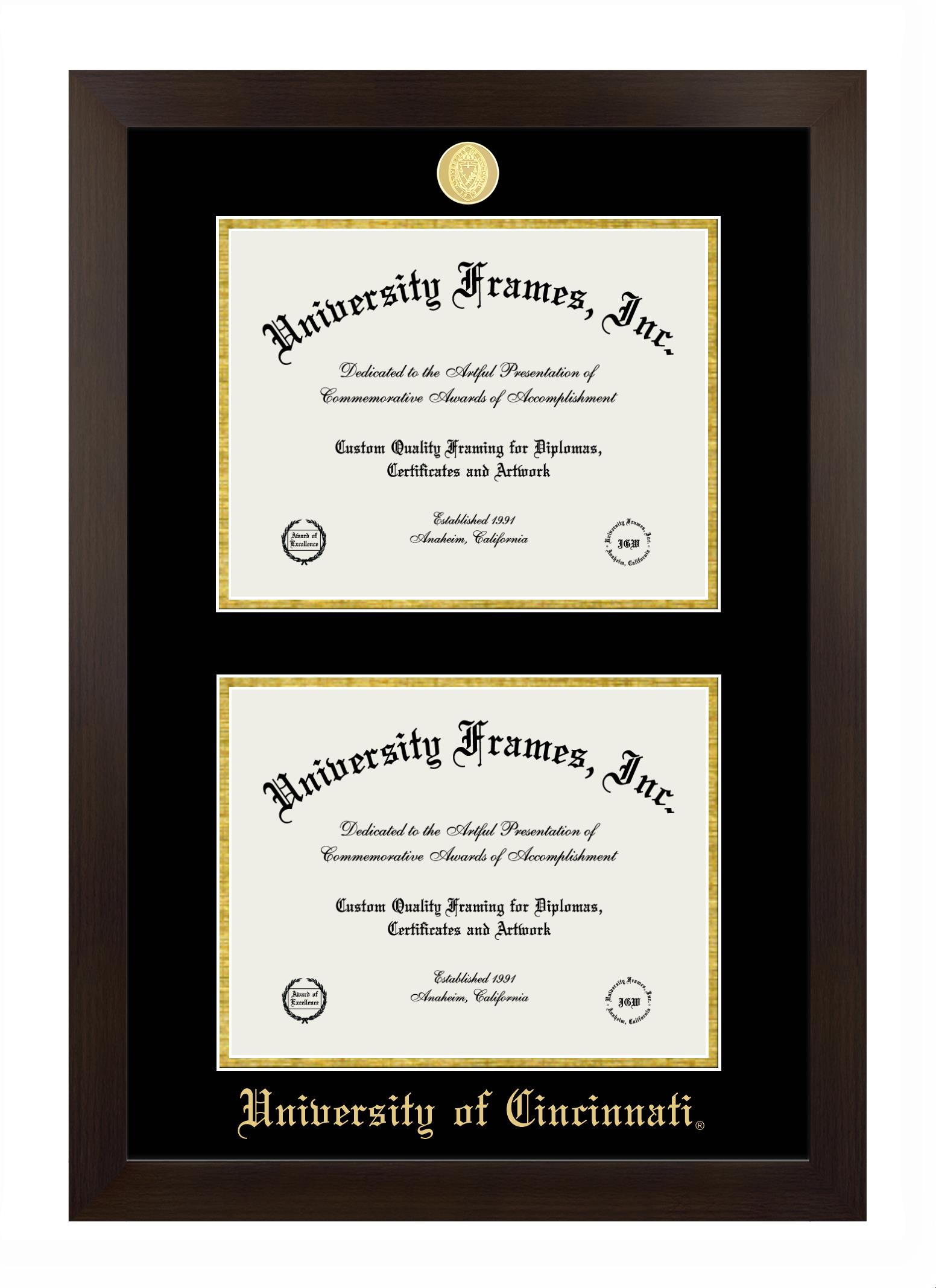 University Of Cincinnati Double Degree (Stacked) Frame In Manhattan Espresso With Black & Gold Mats