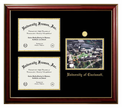 University of Cincinnati Triple Opening with Campus Image Frame in Classic Mahogany with Gold Trim with Black & Gold Mats for DOCUMENT: 8 1/2"H X 11"W  , DOCUMENT: 8 1/2"H X 11"W  