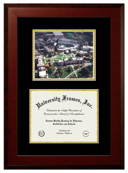 University of Cincinnati Double Opening with Campus Image (Unimprinted Mat) Frame in Honors Mahogany with Black & Gold Mats for DOCUMENT: 8 1/2"H X 11"W  