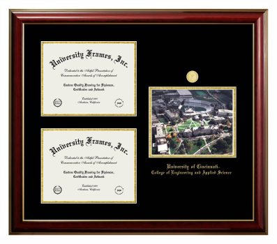 University of Cincinnati College of Engineering and Applied Science Triple Opening with Campus Image Frame in Classic Mahogany with Gold Trim with Black & Gold Mats for document: 8 1/2"h x 11"w  , document: 8 1/2"h x 11"w  