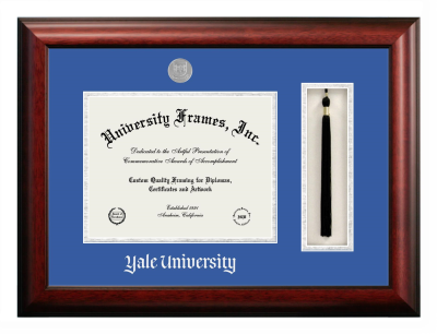 Yale University Diploma with Tassel Box Frame in Satin Mahogany with Royal Blue & Silver Mats for DOCUMENT: 8 1/2"H X 11"W  