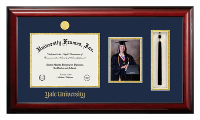Yale University Diploma with 5 x 7 Portrait & Tassel Box Frame in Classic Mahogany with Navy Blue & Gold Mats for DOCUMENT: 8 1/2"H X 11"W  