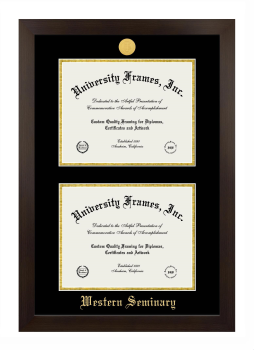 Western Seminary Double Degree (Stacked) Frame in Manhattan Espresso with Black & Gold Mats for document: 8 1/2"h x 11"w  , document: 8 1/2"h x 11"w  