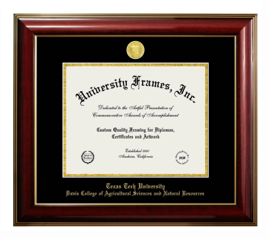 Texas Tech University  Davis College of Agricultural Sciences and Natural Resources Diploma Frame in Classic Mahogany with Gold Trim with Black & Gold Mats for document: 8 1/2"h x 11"w  