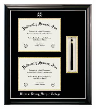 Double Degree with Tassel Box (Stacked) Frame in Classic Ebony with Silver Trim with Black & Gold Mats for DOCUMENT: 8 1/2"H X 11"W  , DOCUMENT: 8 1/2"H X 11"W  