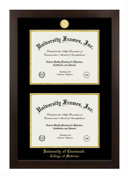 University of Cincinnati College of Medicine Double Degree (Stacked) Frame in Manhattan Espresso with Black & Gold Mats for document: 8 1/2"h x 11"w  , document: 8 1/2"h x 11"w  