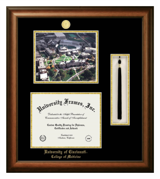 University of Cincinnati College of Medicine Double Opening with Campus Image & Tassel Box (Stacked) Frame in Satin Walnut with Black & Gold Mats for document: 8 1/2"h x 11"w  