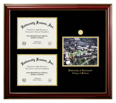 University of Cincinnati College of Medicine Triple Opening with Campus Image Frame in Classic Mahogany with Gold Trim with Black & Gold Mats for document: 8 1/2"h x 11"w  , document: 8 1/2"h x 11"w  