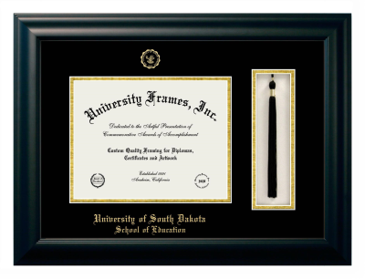 University of South Dakota School of Education Diploma with Tassel Box Frame in Satin Black with Black & Gold Mats for DOCUMENT: 8 1/2"H X 11"W  