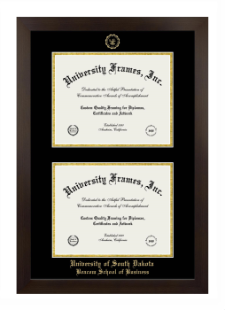 University of South Dakota Beacom School of Business Double Degree (Stacked) Frame in Manhattan Espresso with Black & Gold Mats for document: 8 1/2"h x 11"w  , document: 8 1/2"h x 11"w  