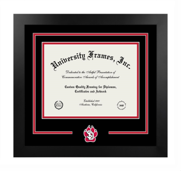 University of South Dakota College of Arts & Sciences Logo Mat Frame in Manhattan Black with Black & Red Mats for document: 8 1/2"h x 11"w  
