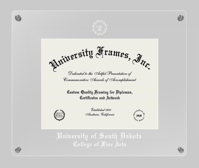 University of South Dakota College of Fine Arts Lucent Clear-over-Clear Frame in Lucent Clear Moulding with Lucent Clear Mat for document: 8 1/2"h x 11"w  