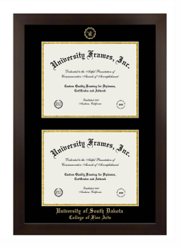 University of South Dakota College of Fine Arts Double Degree (Stacked) Frame in Manhattan Espresso with Black & Gold Mats for document: 8 1/2"h x 11"w  , document: 8 1/2"h x 11"w  