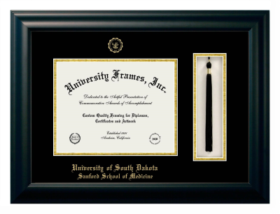 University of South Dakota Sanford School of Medicine Diploma with Tassel Box Frame in Satin Black with Black & Gold Mats for DOCUMENT: 8 1/2"H X 11"W  