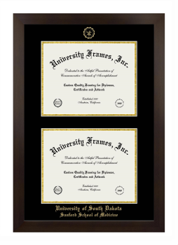University of South Dakota Sanford School of Medicine Double Degree (Stacked) Frame in Manhattan Espresso with Black & Gold Mats for document: 8 1/2"h x 11"w  , document: 8 1/2"h x 11"w  
