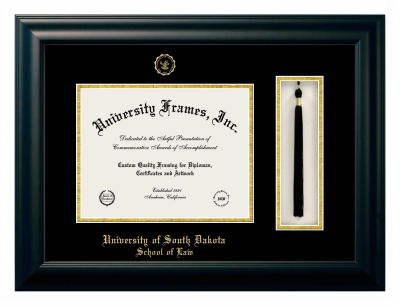 University of South Dakota School of Law Diploma with Tassel Box Frame in Satin Black with Black & Gold Mats for document: 8 1/2"h x 11"w  