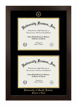 University of South Dakota School of Law Double Degree (Stacked) Frame in Manhattan Espresso with Black & Gold Mats for document: 8 1/2"h x 11"w  , document: 8 1/2"h x 11"w  
