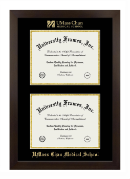 UMass Chan Medical School Double Degree (Stacked) Frame in Manhattan Espresso with Black & Gold Mats for document: 8 1/2"h x 11"w  , document: 8 1/2"h x 11"w  