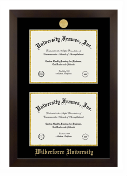 Wilberforce University Double Degree (Stacked) Frame in Manhattan Espresso with Black & Gold Mats for document: 8 1/2"h x 11"w  , document: 8 1/2"h x 11"w  