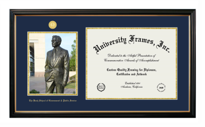 Double Opening with Campus Image (Side-by-Side) Frame in Petite Black with Gold Trim with Navy Blue & Gold Mats for DOCUMENT: 12 1/2"H X 16"W  