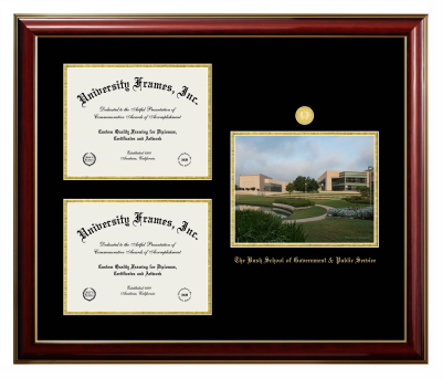 Bush School of Government & Public Service Triple Opening with Campus Image Frame in Classic Mahogany with Gold Trim with Black & Gold Mats for DOCUMENT: 8 1/2"H X 11"W  , DOCUMENT: 8 1/2"H X 11"W  