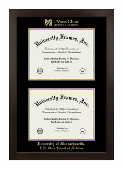University of Massachusetts T.H. Chan School of Medicine Double Degree (Stacked) Frame in Manhattan Espresso with Black & Gold Mats for document: 8 1/2"h x 11"w  , document: 8 1/2"h x 11"w  