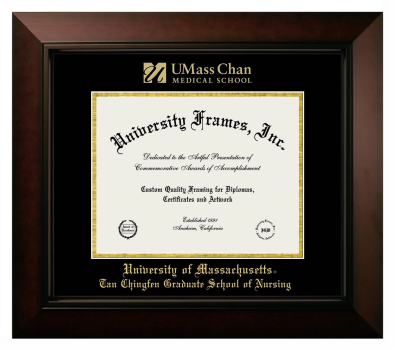 University of Massachusetts Tan Chingfen Graduate School of Nursing Diploma Frame in Legacy Black Cherry with Black & Gold Mats for document: 8 1/2"h x 11"w  