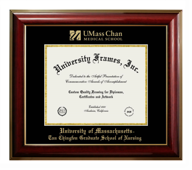 University of Massachusetts Tan Chingfen Graduate School of Nursing Diploma Frame in Classic Mahogany with Gold Trim with Black & Gold Mats for DOCUMENT: 8 1/2"H X 11"W  