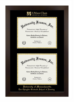 University of Massachusetts Tan Chingfen Graduate School of Nursing Double Degree (Stacked) Frame in Manhattan Espresso with Black & Gold Mats for document: 8 1/2"h x 11"w  , document: 8 1/2"h x 11"w  