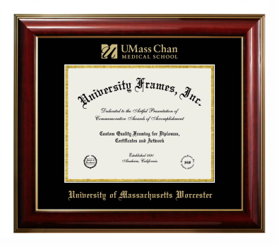 University of Massachusetts Worcester Diploma Frame in Classic Mahogany with Gold Trim with Black & Gold Mats for DOCUMENT: 8 1/2"H X 11"W  