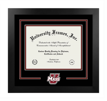 University of Massachusetts Worcester Logo Mat Frame in Manhattan Black with Black & Maroon Mats for document: 8 1/2"h x 11"w  